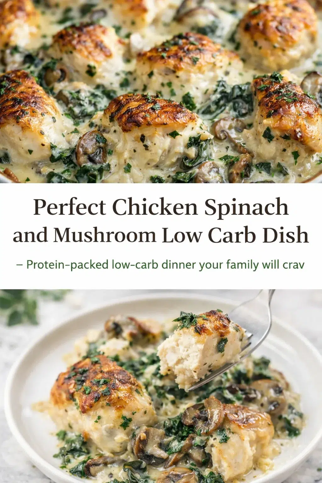 pre_faq_pinterest-placeholder.png Pinterest-style image for Perfect Chicken Spinach and Mushroom Low Carb Oven Dish with centered text overlay