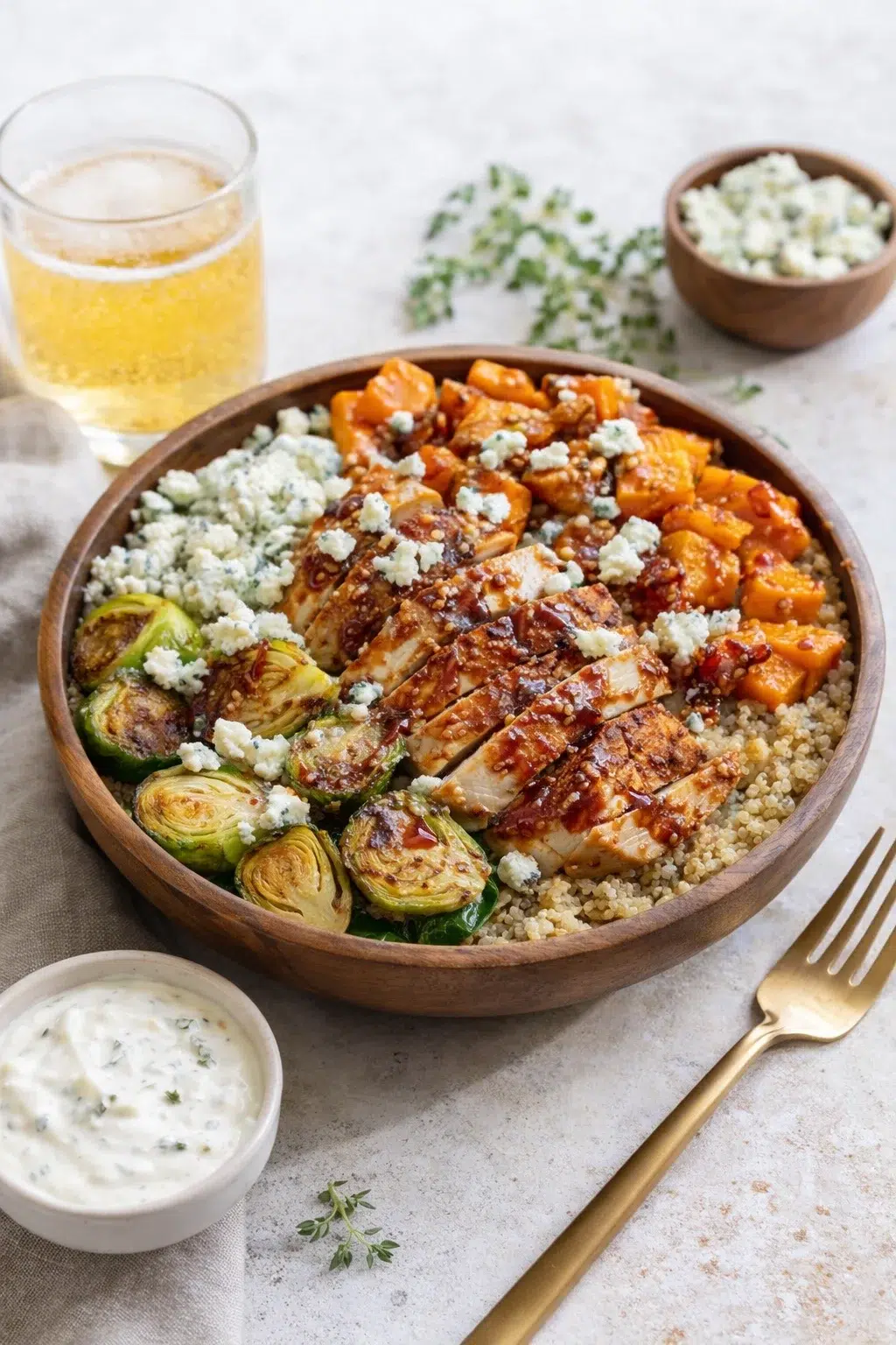 closing_final_dish-placeholder.png Alternative angle of Hot Honey Chicken Quinoa Bowl : Bold, Balanced, and Totally Addictive served with a pairing