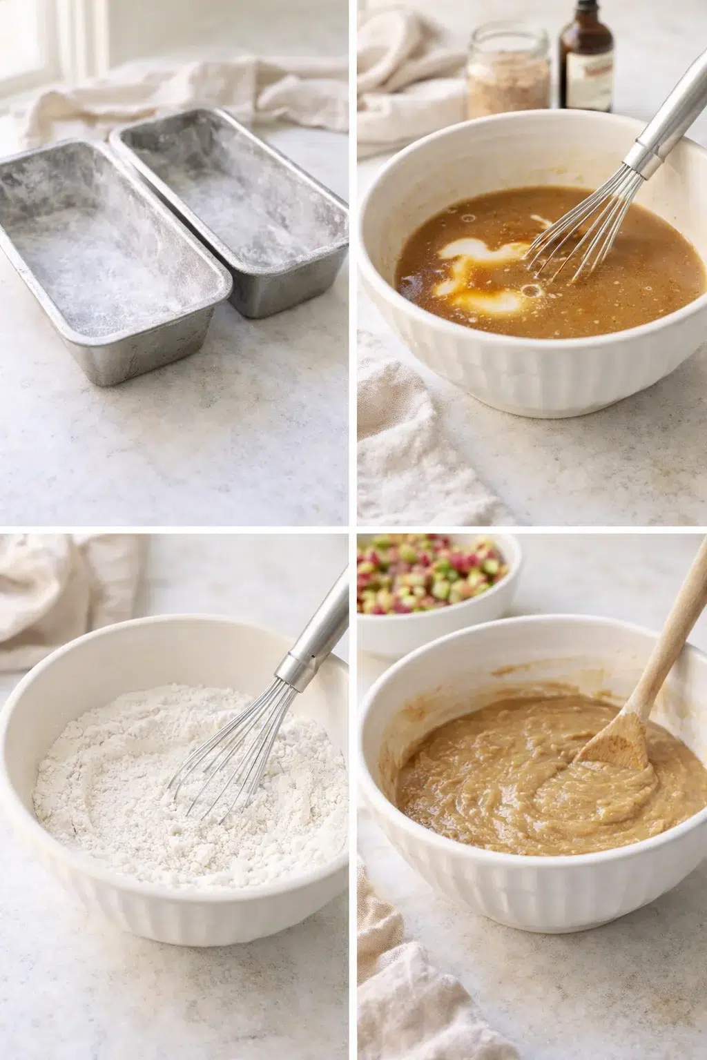 Two greased loaf pans beside bowls of whisked wet ingredients and combined flour mixture