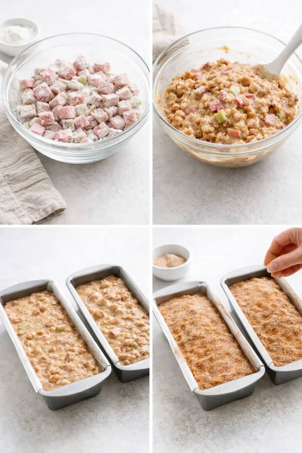 Flour-coated rhubarb and nuts folded into batter, batter smoothed in loaf pans awaiting cinnamon-sugar