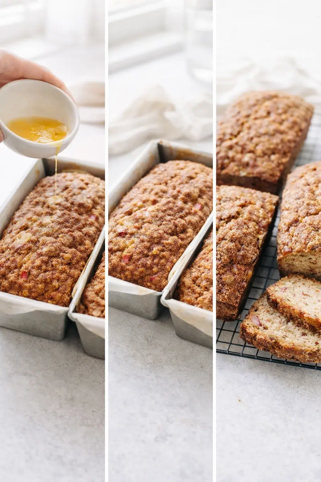 Loaves with cinnamon-sugar topping drizzled with melted butter, one loaf cooling on a wire rack