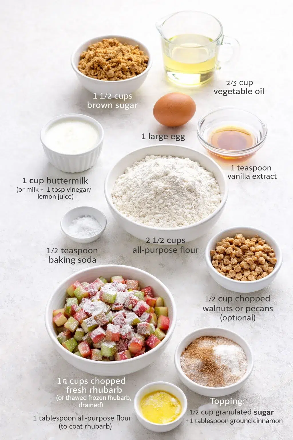 ingredients-placeholder.png Measured ingredients arranged for Cinnamon Rhubarb Bread: 1 1/2 cups brown sugar, 2/3 cup vegetable oil, 1 large egg, 1 cup buttermilk (or milk plus 1 tbsp vinegar/lemon juice as a quick substitute), 1 teaspoon vanilla e