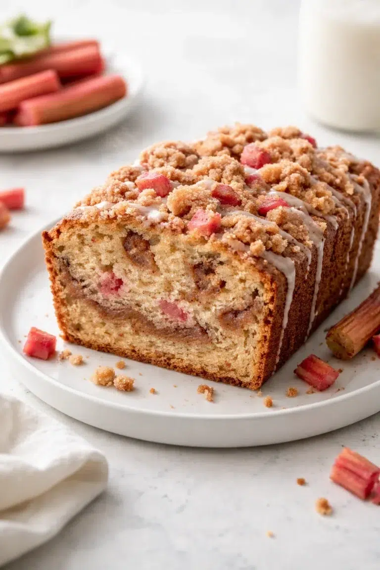 Final plated Cinnamon Rhubarb Bread served as a hero shot