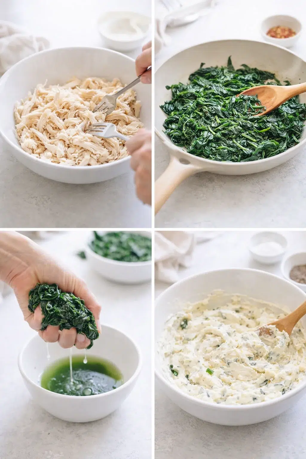Shredded chicken, wilted spinach, and a bowl with creamy garlic-onion mixture being stirred