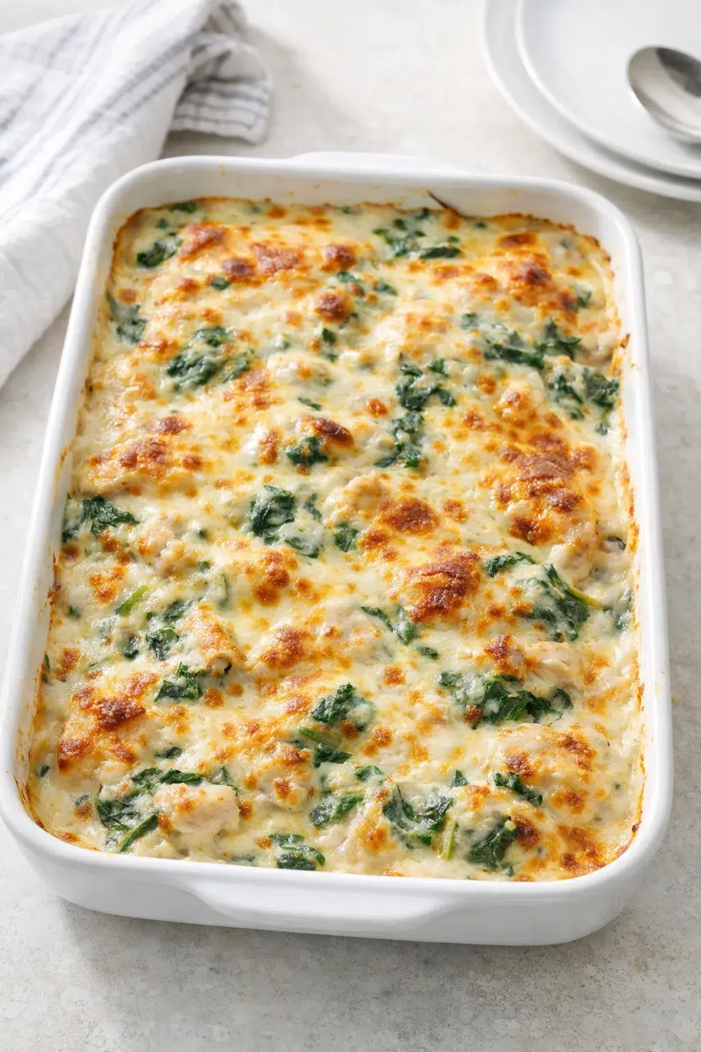 Golden, bubbling casserole resting in dish on countertop after baking