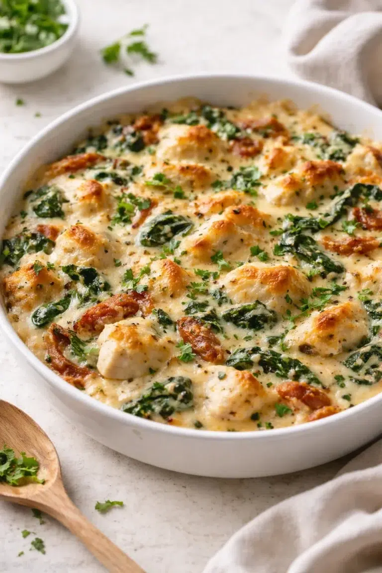 Final plated Creamy Chicken and Spinach Casserole: A Comforting Dish for Any Occasion served as a hero shot