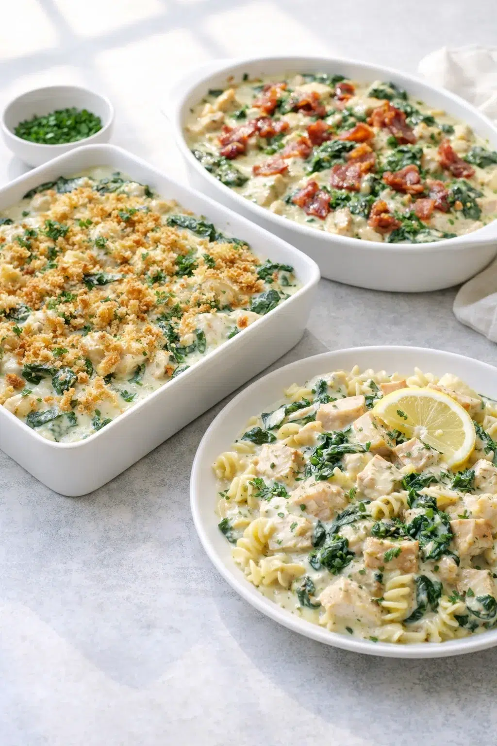 variations-placeholder.png Variation ideas for Creamy Chicken and Spinach Casserole: A Comforting Dish for Any Occasion shown in a styled layout