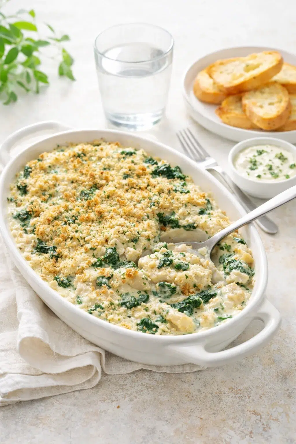 closing_final_dish-placeholder.png Alternative angle of Creamy Chicken and Spinach Casserole: A Comforting Dish for Any Occasion served with a pairing