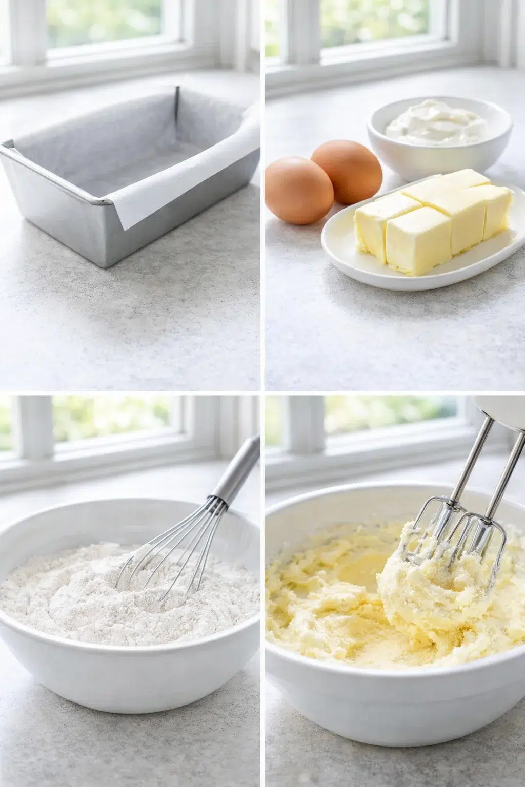 Softened butter and sugar being beaten in a bowl beside whisked dry ingredients and greased loaf pan.