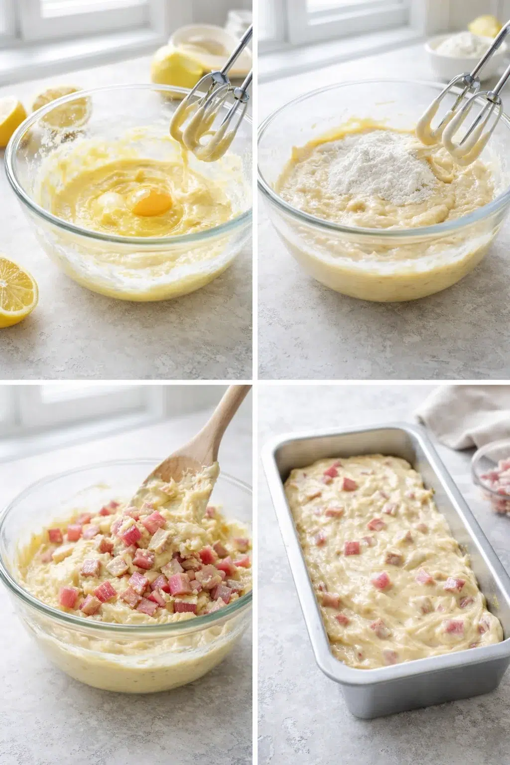 Thick lemon batter with chopped rhubarb being folded then poured into a lined loaf pan.