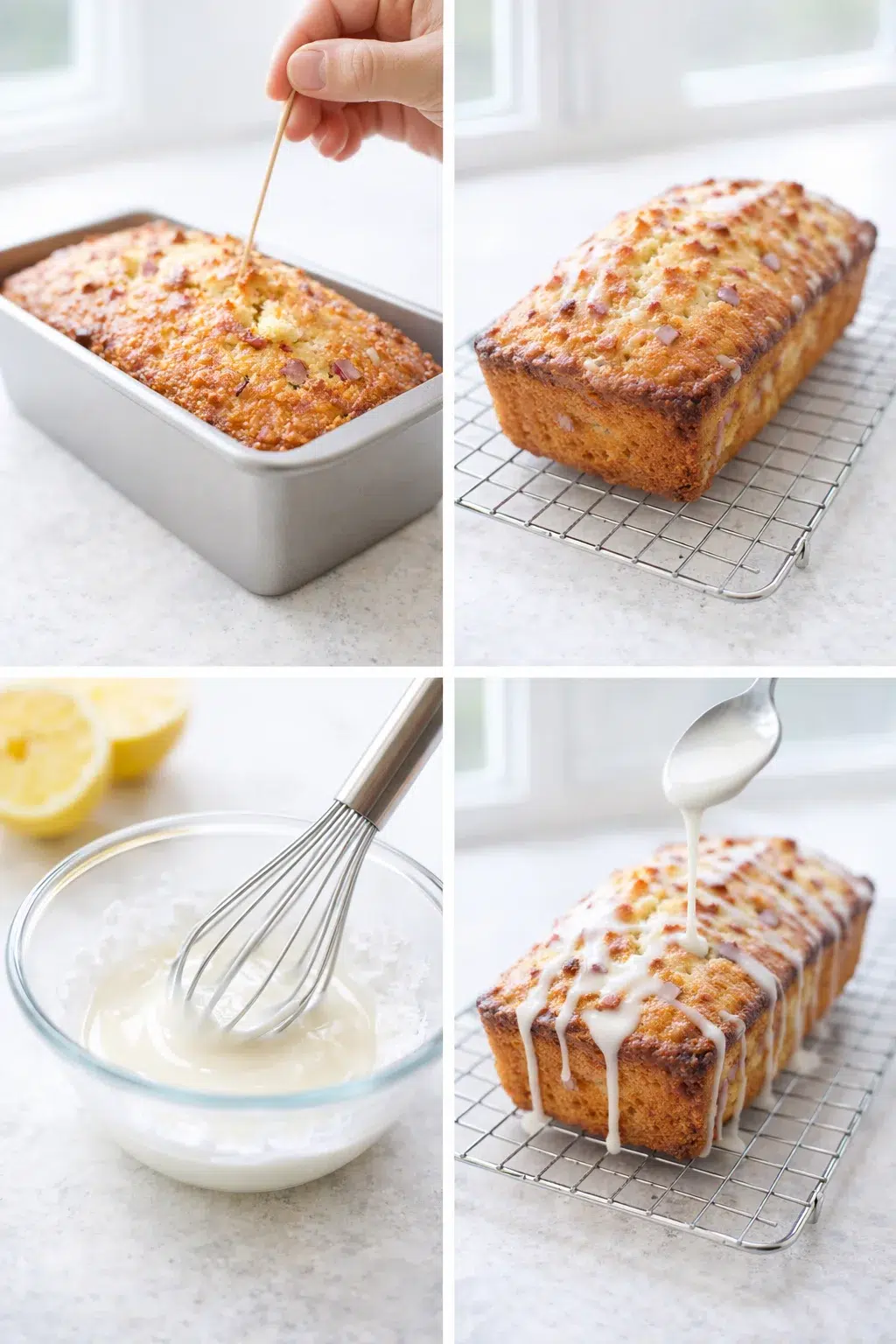 Cooled loaf on wire rack being drizzled with glossy lemon glaze, toothpick nearby.
