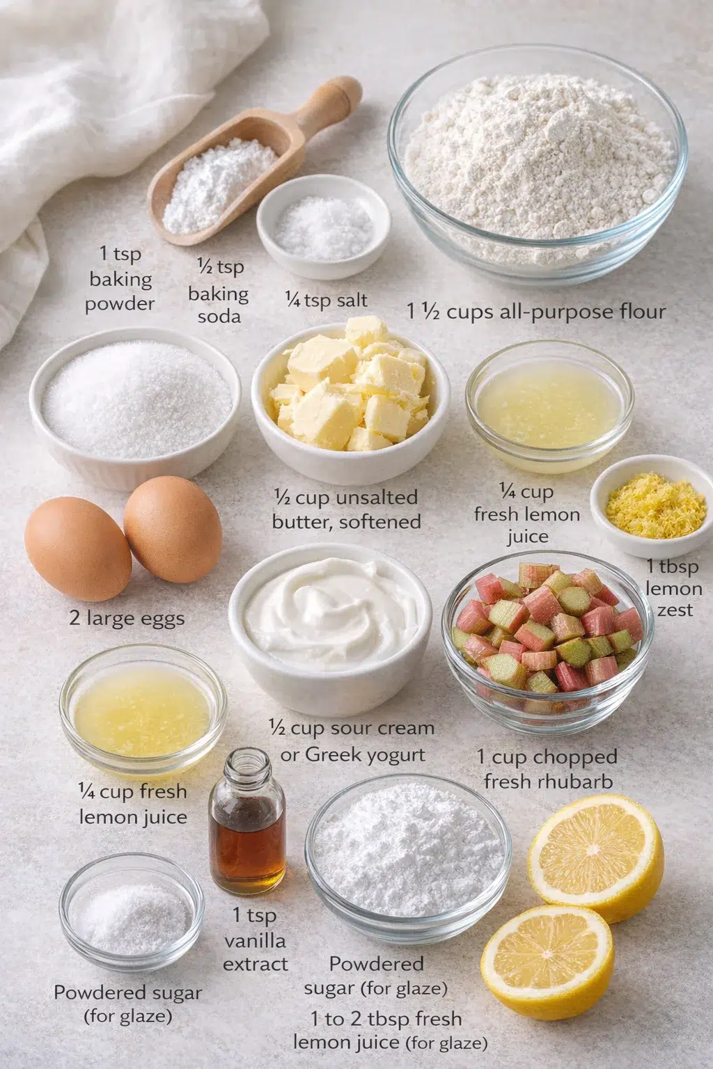 ingredients-placeholder.png Measured ingredients arranged for Lemon Rhubarb Loaf: 1 ½ cups all-purpose flour, 1 tsp baking powder, ½ tsp baking soda, ¼ tsp salt, ½ cup unsalted butter, softened, 1 cup granulated sugar