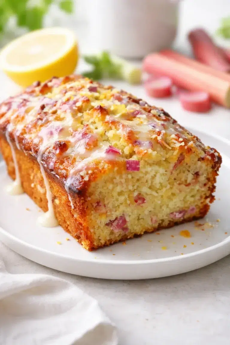 Final plated Lemon Rhubarb Loaf served as a hero shot
