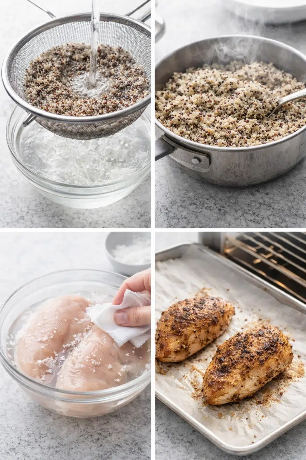 Quinoa being rinsed in a fine-mesh sieve under running water