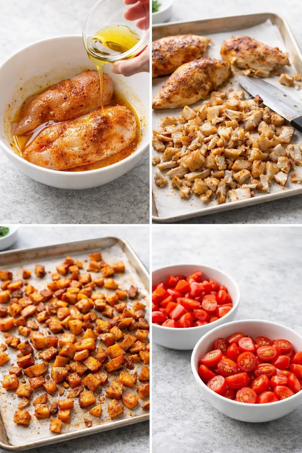 Seasoned chicken breasts coated with oil and spices arranged on a baking sheet