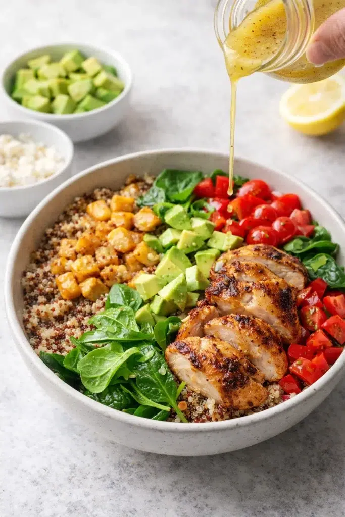 Bowls topped with quinoa, diced chicken, vegetables, avocado, and dressing being drizzled