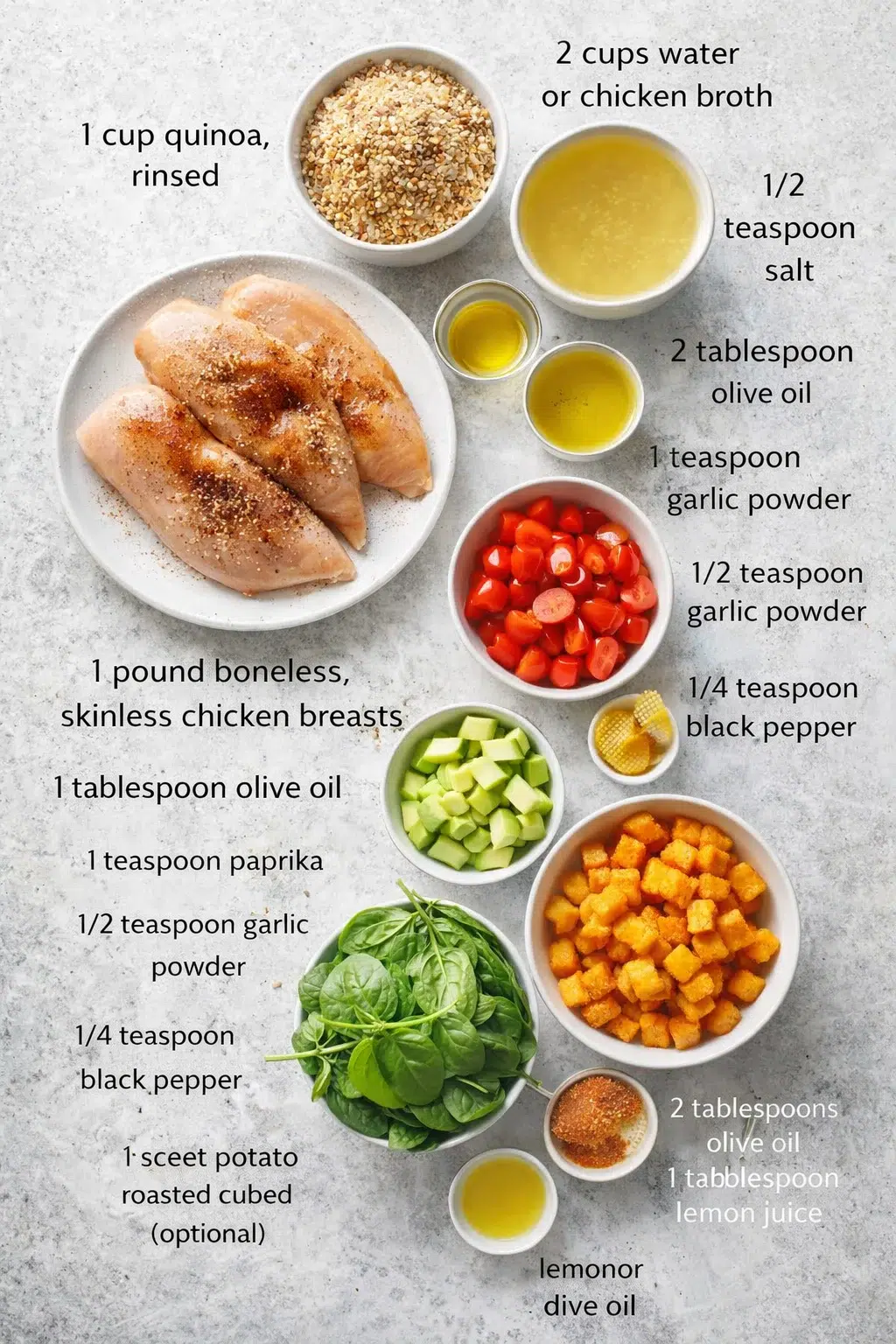 ingredients-placeholder.png Measured ingredients arranged for ULTIMATE CHICKEN QUINOA POWER BOWL: 1 cup quinoa, rinsed, 2 cups water or chicken broth, 1/2 teaspoon salt, 1 pound boneless, skinless chicken breasts, 1 tablespoon olive oil, 1 teaspoon