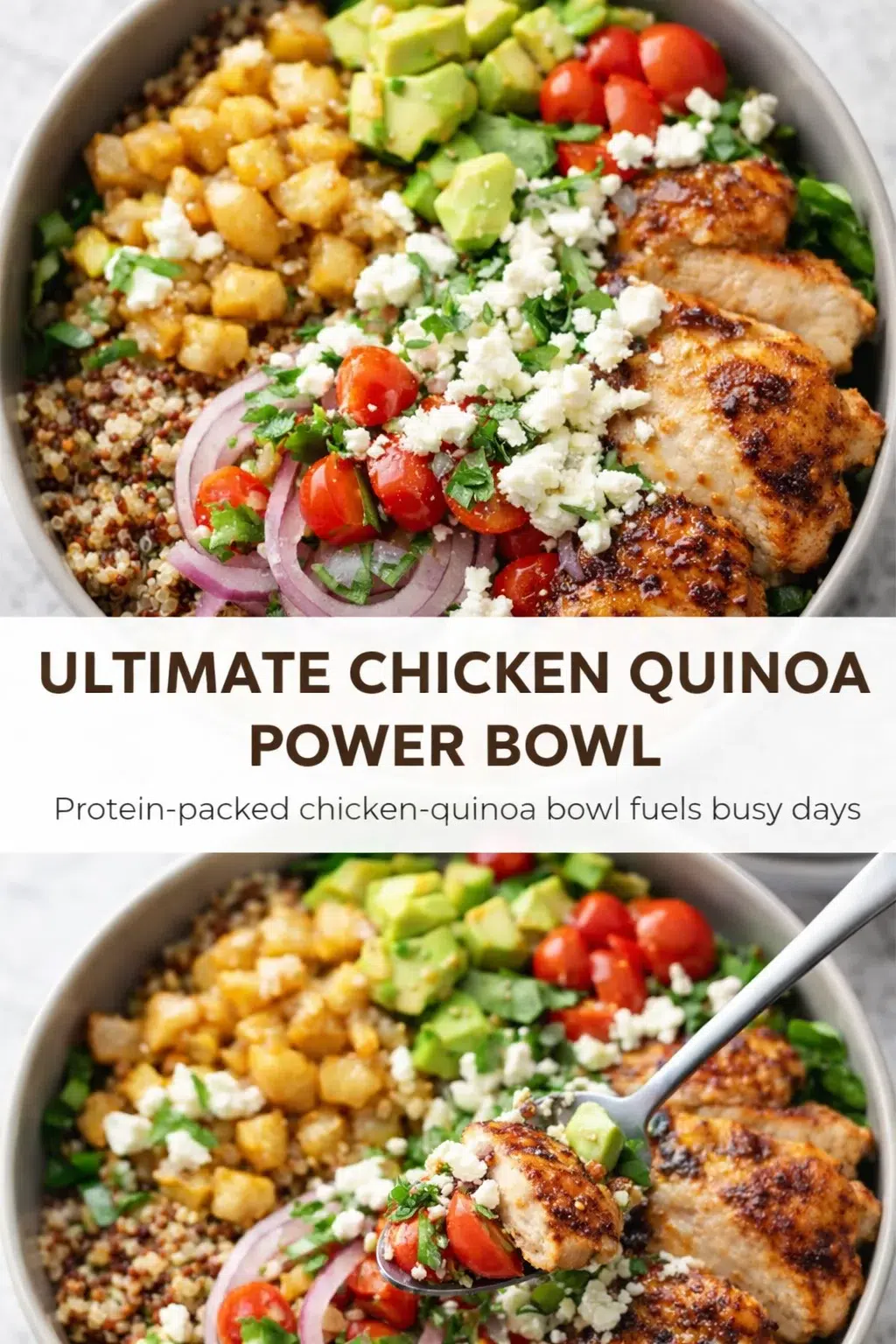 Pinterest-style image for ULTIMATE CHICKEN QUINOA POWER BOWL with centered text overlay