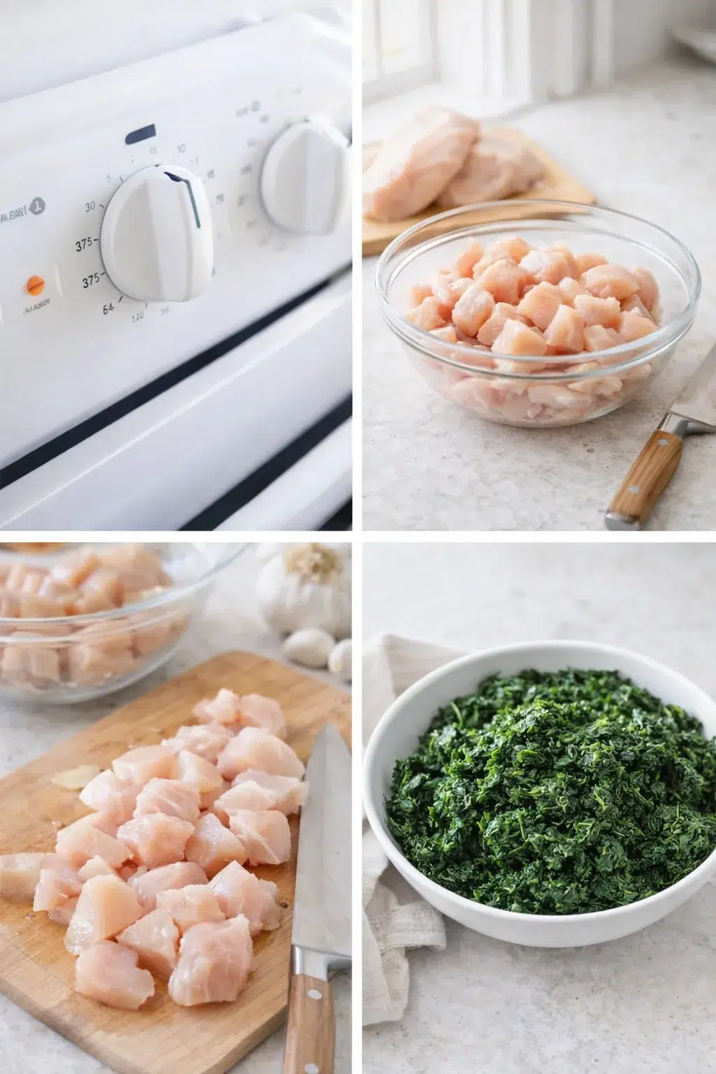 step-process-placeholder-1-4.png Diced boneless chicken, minced garlic, and squeezed thawed spinach beside oven display set to 375°F.