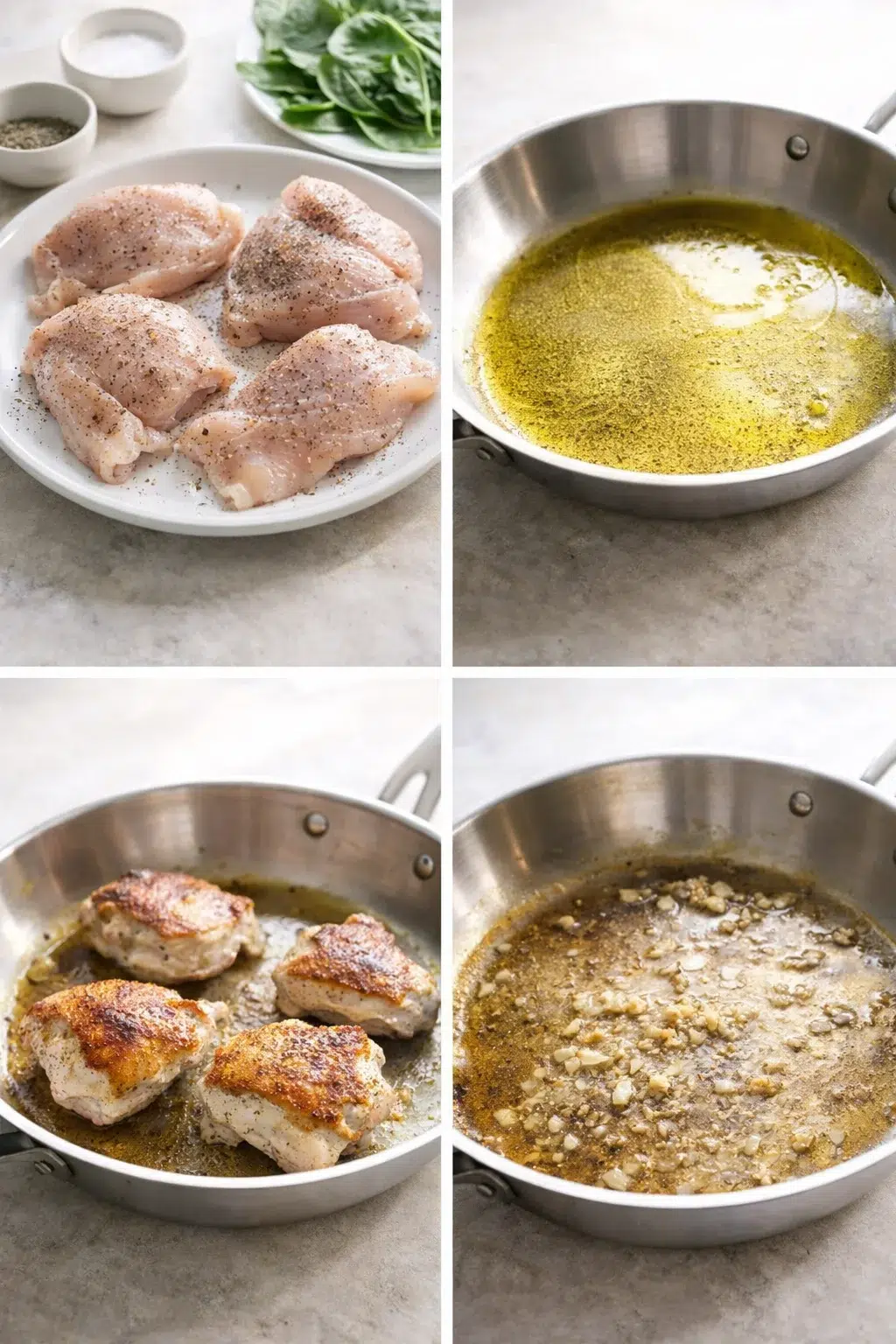 step-process-placeholder-5-8.png Seasoned chicken pieces searing golden-brown in hot oiled skillet, spatula nearby and garlic minced.