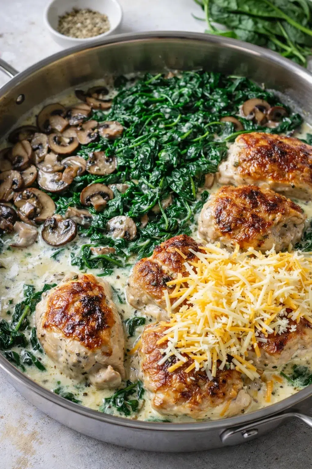 step-process-placeholder-9-12.png Skillet with wilted spinach and mushrooms in cream, seared chicken topped with shredded cheddar and Parmesan.
