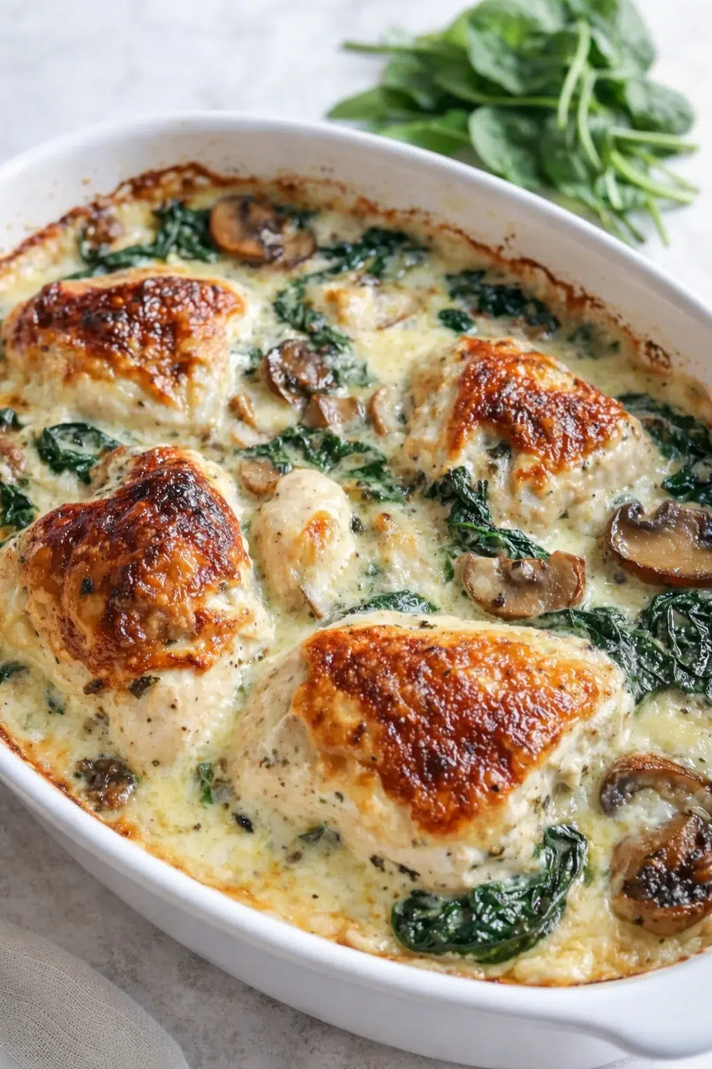 step-process-placeholder-13-13.png Baked skillet showing melted bubbly golden cheese and thermometer reading 165°F.