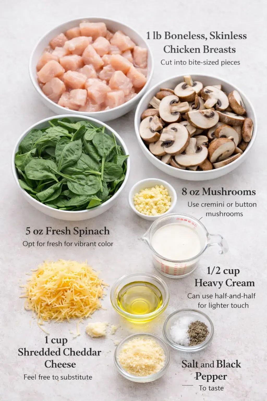 ingredients-placeholder.png Measured ingredients arranged for Easy Chicken Spinach Mushroom Bake: Ultimate Comfort Dish: 1 lb Boneless, Skinless Chicken Breasts — Cut into bite-sized pieces, 8 oz Mushrooms — Use cremini or button mushrooms, 5 oz Fr