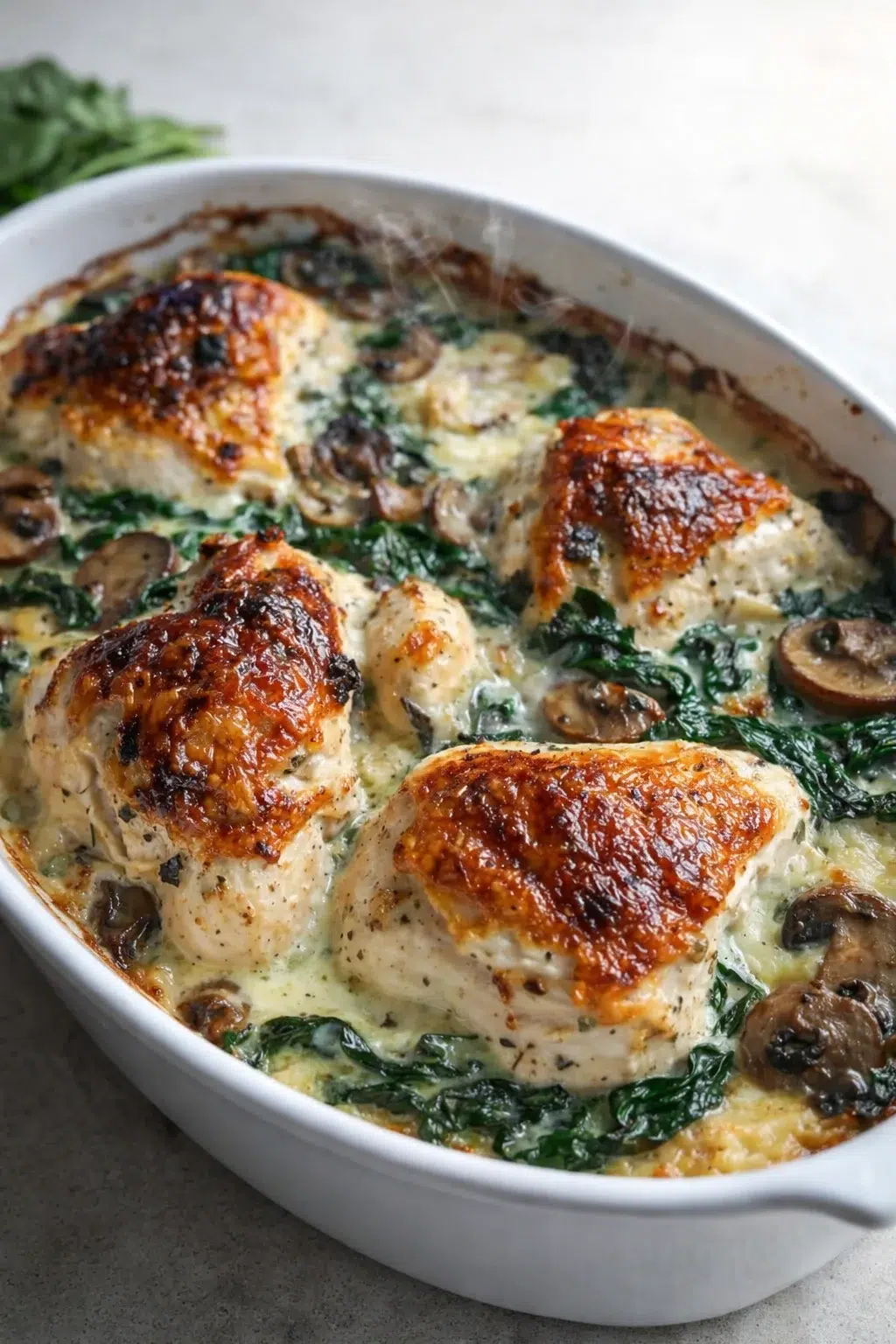 Final plated Easy Chicken Spinach Mushroom Bake: Ultimate Comfort Dish served as a hero shot