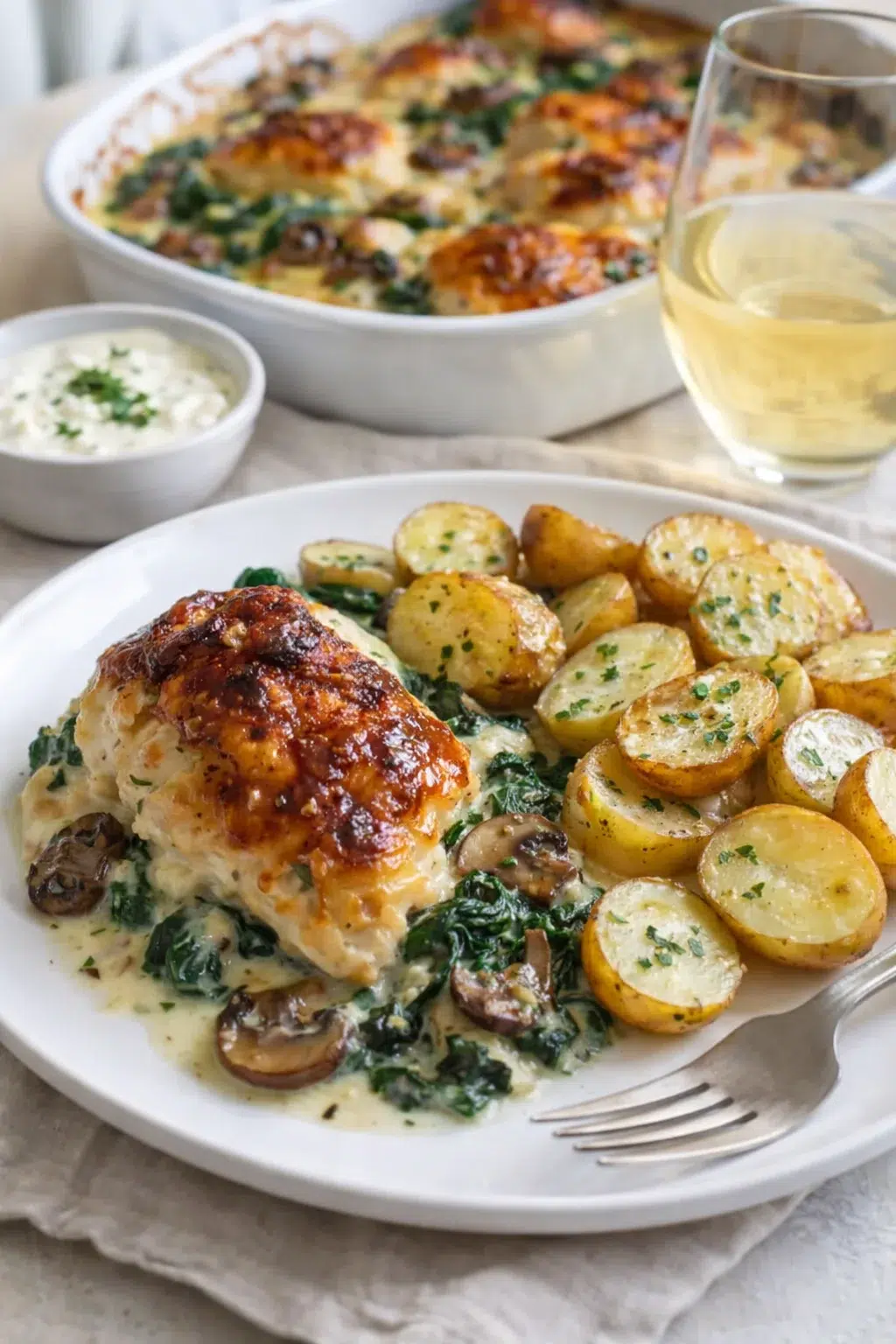 closing_final_dish-placeholder.png Alternative angle of Easy Chicken Spinach Mushroom Bake: Ultimate Comfort Dish served with a pairing