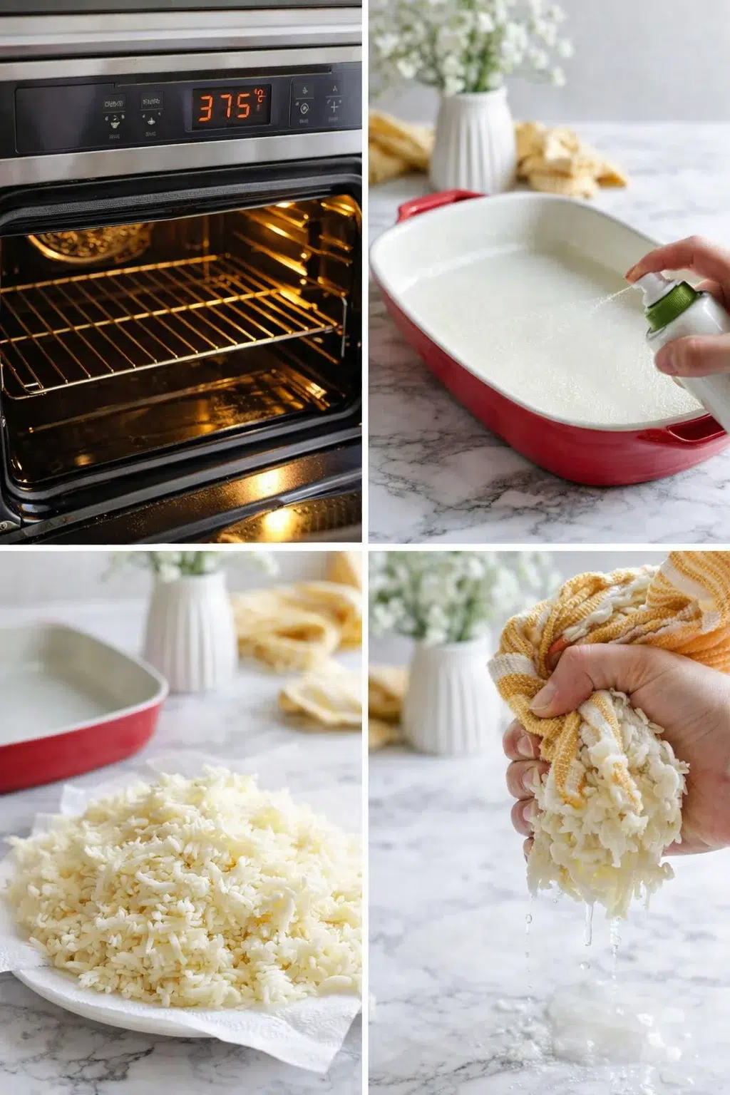 Hands squeezing excess water from thawed shredded hashbrowns inside a towel next to greased baking dish