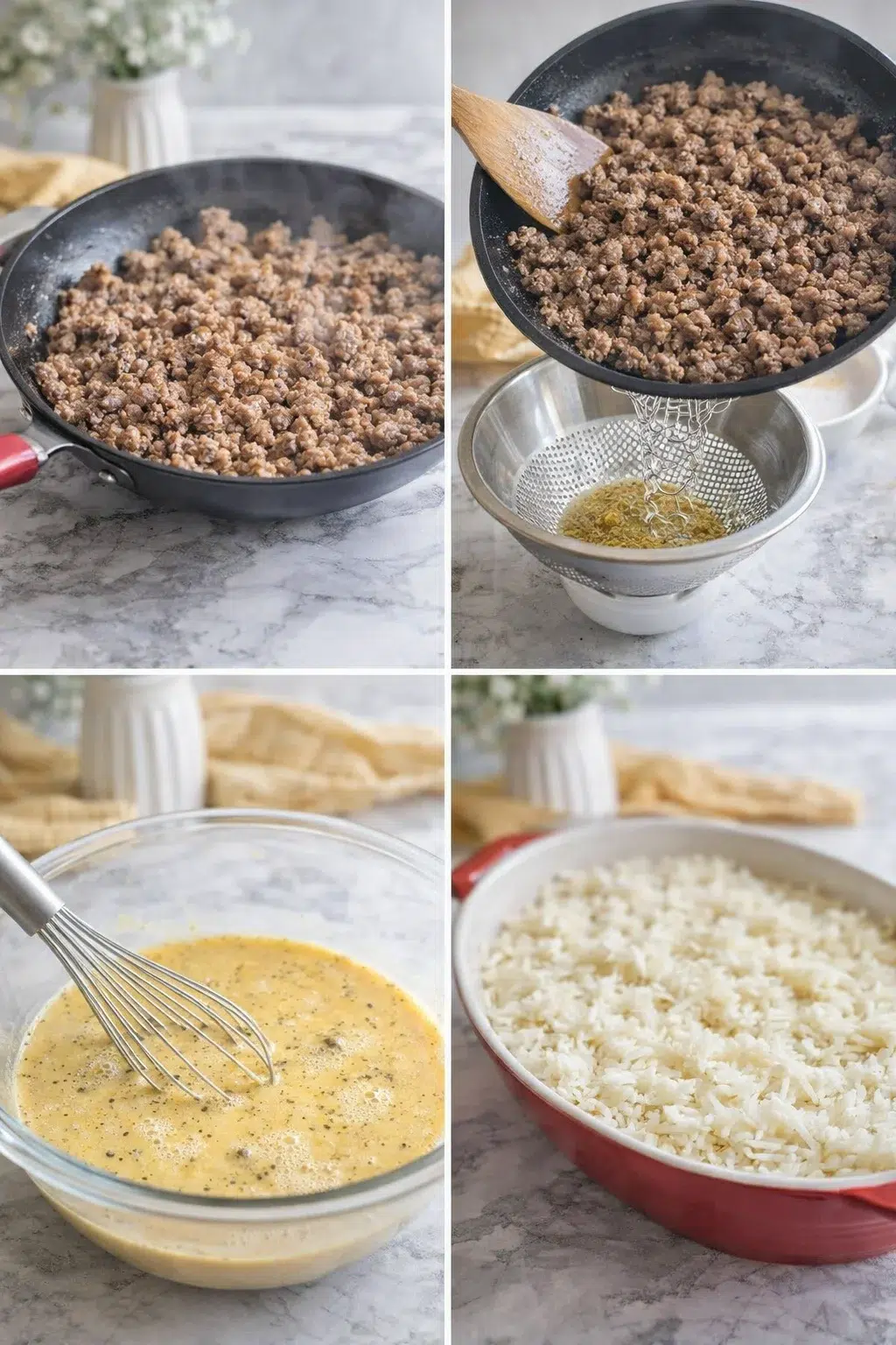 Cooked crumbled pork sausage in skillet, whisked egg mixture in bowl, hashbrowns spread evenly in dish
