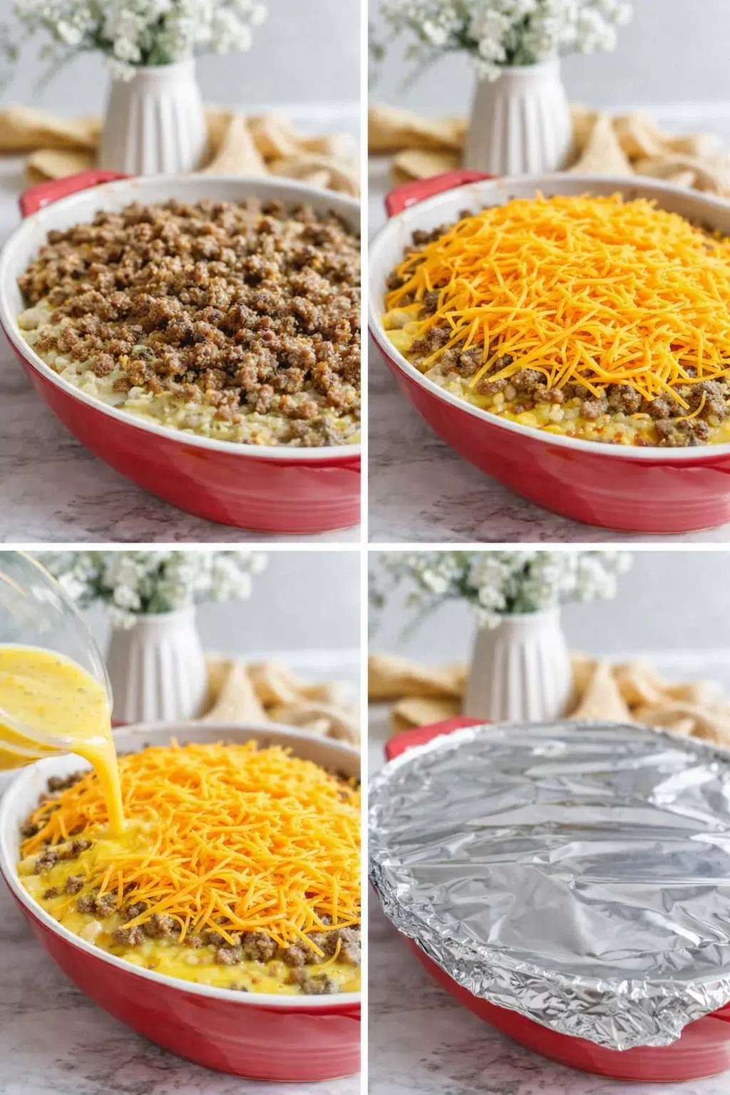 Browned sausage sprinkled over hashbrowns, shredded cheddar scattered, egg mixture being poured, aluminum foil nearby