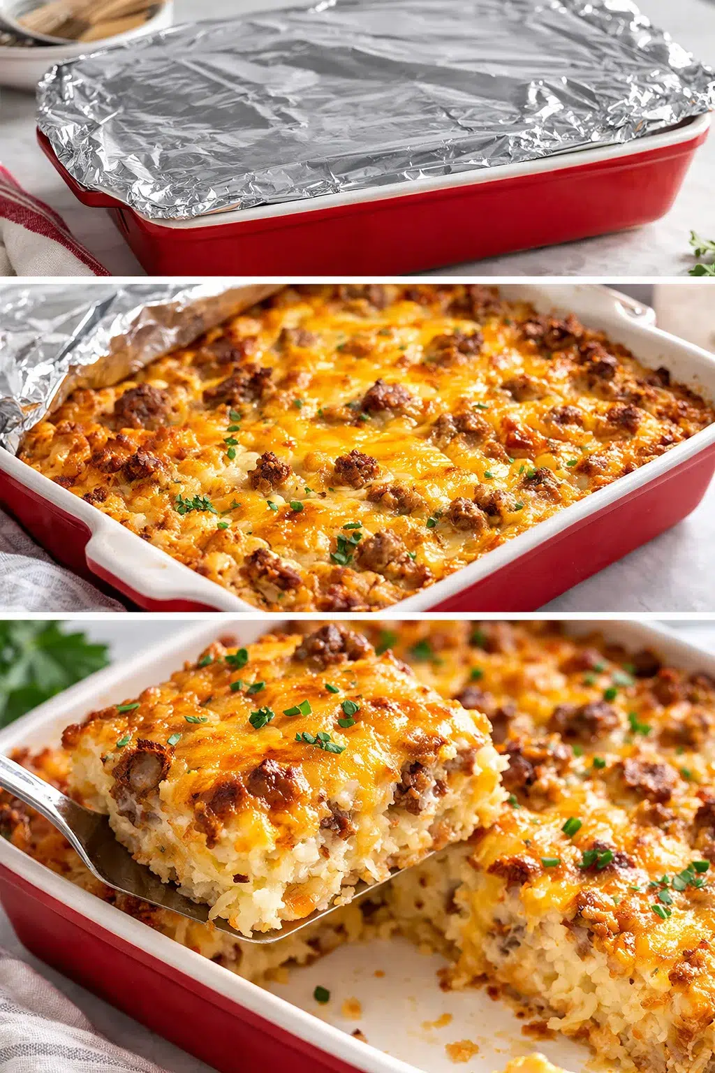 Golden-brown casserole cooling in baking dish after uncovered baking, resting before slicing