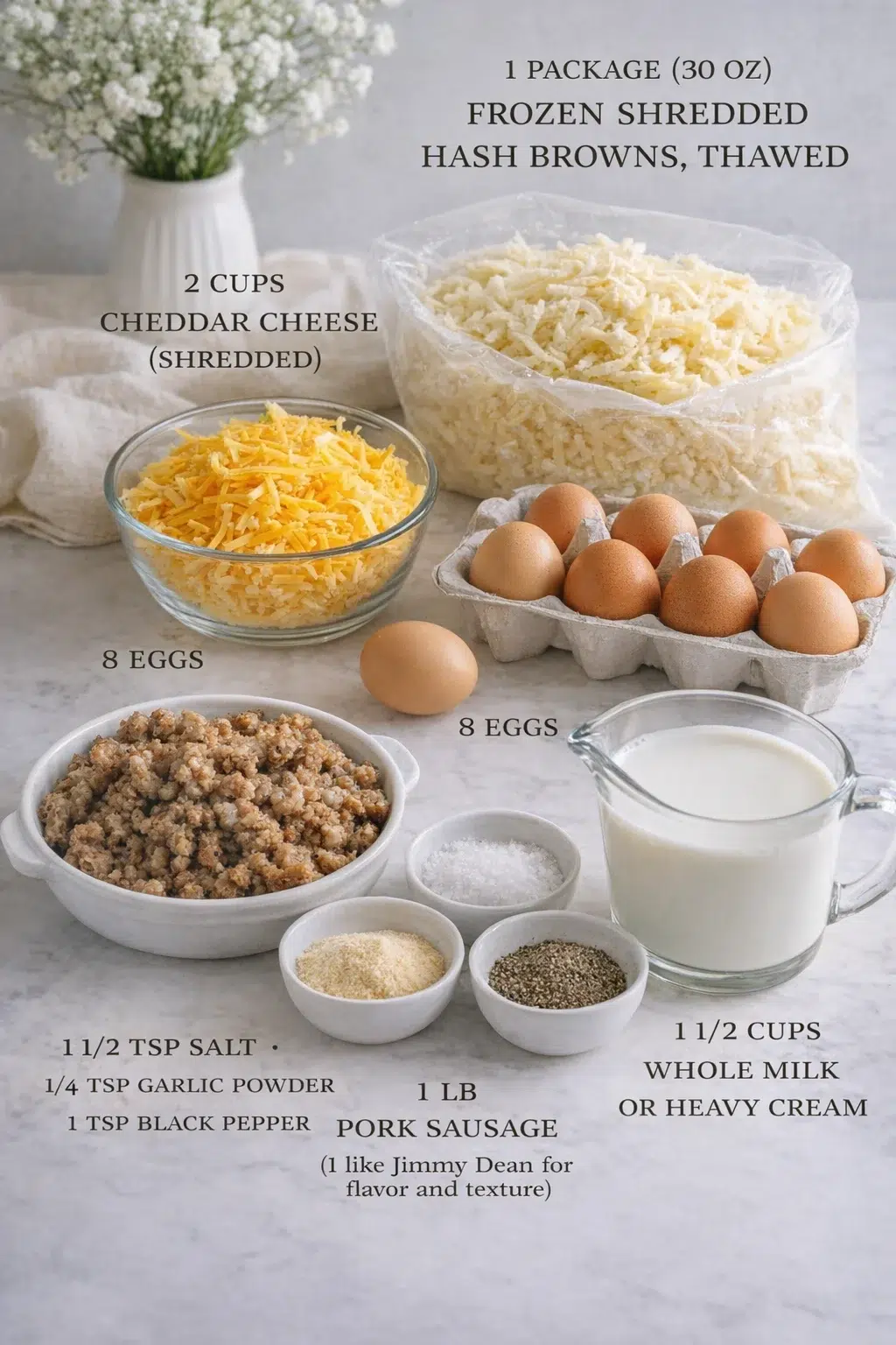 ingredients-placeholder.png Measured ingredients arranged for Best Breakfast Hashbrown Casserole: 1 package (30 oz) frozen shredded hash browns, thawed, 2 cups cheddar cheese (shredded), 8 eggs (at room temperature for best mixing), 1 1/2 tsp salt,