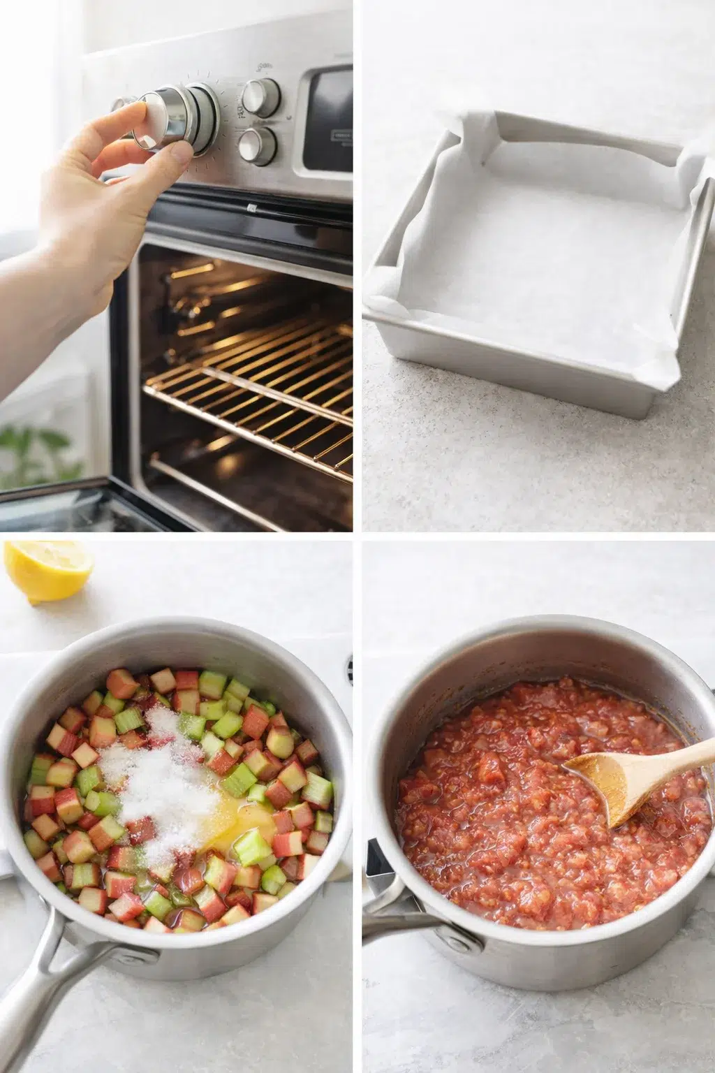 Parchment-lined 9x9 pan beside a saucepan of simmering chunky pink rhubarb.