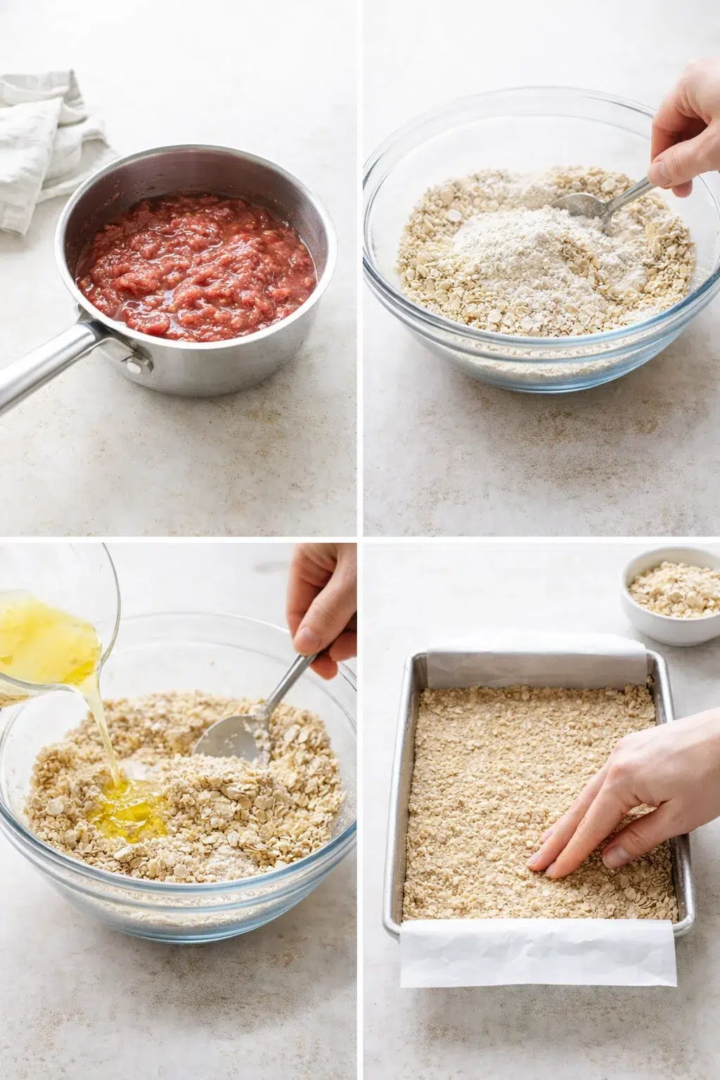 Hands pressing moist oat-and-flour crumble into parchment-lined pan, extra crumble reserved in bowl.