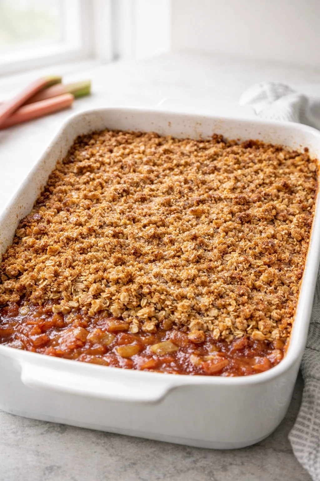 Evenly spread pink rhubarb layer topped with crumb and cinnamon-sugar, edges bubbling in oven.