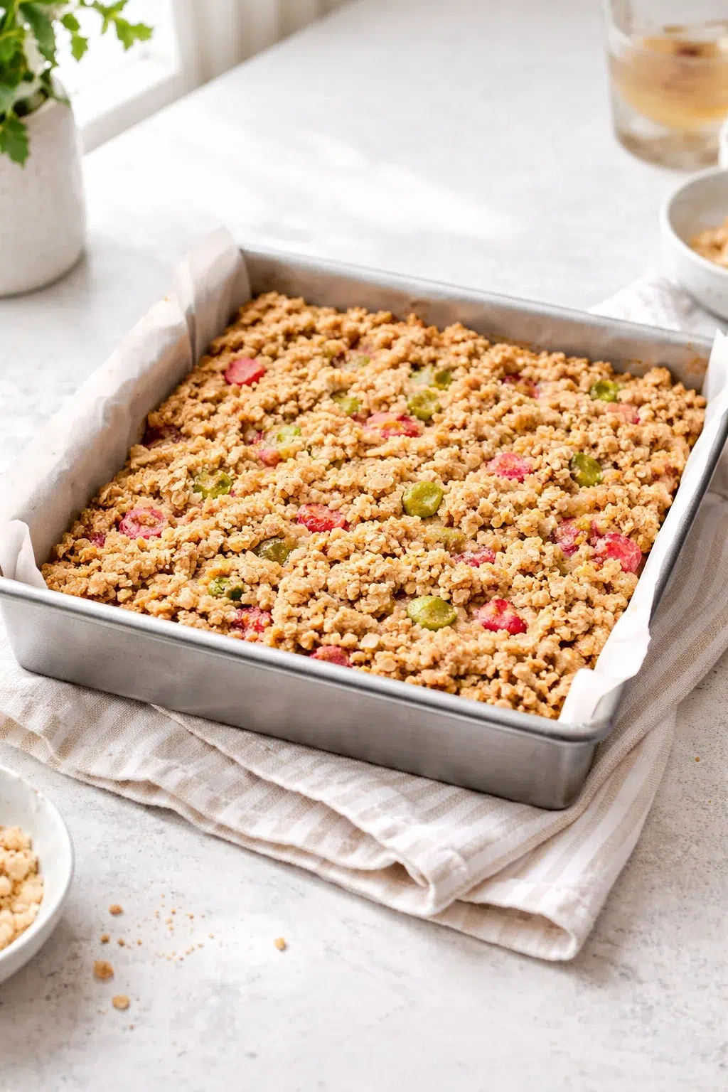Fully cooled rhubarb oat bars chilled on a rack, ready to be sliced.