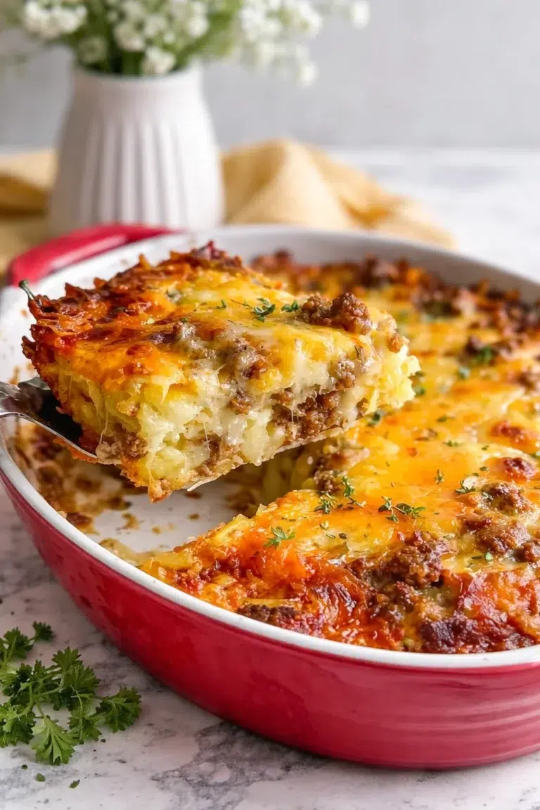 Final plated Best Breakfast Hashbrown Casserole served as a hero shot