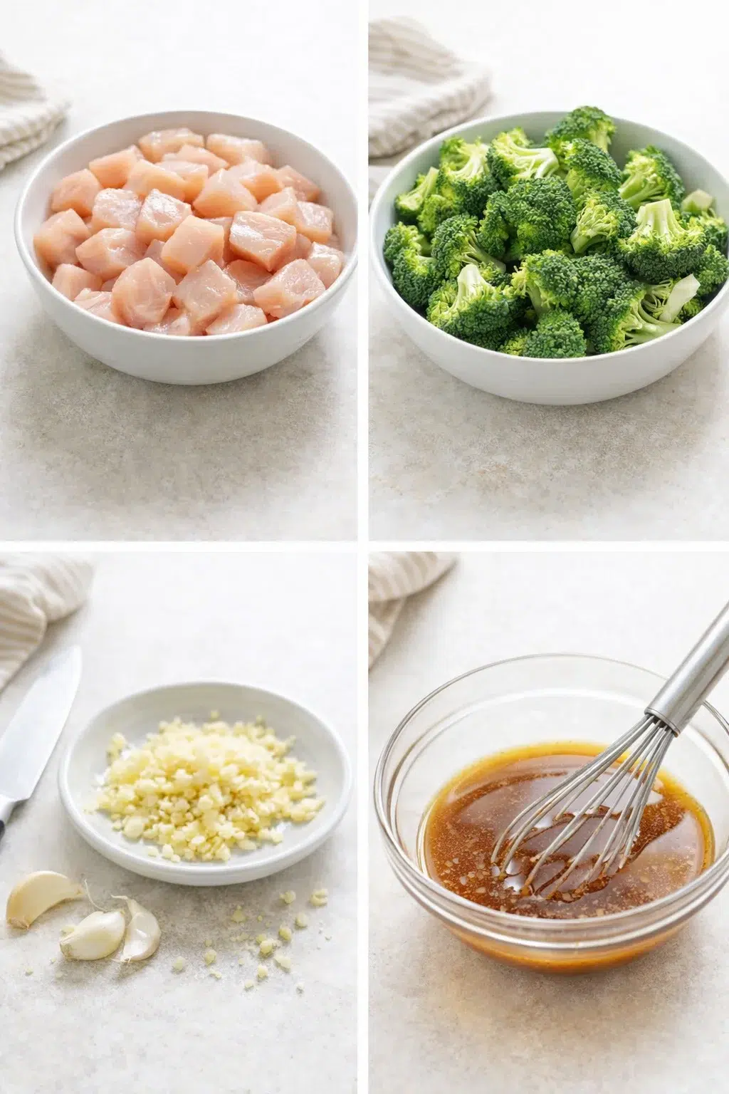 step-process-placeholder-1-4.png Cubed chicken, chopped broccoli, minced garlic, and a small bowl of whisked sauce.