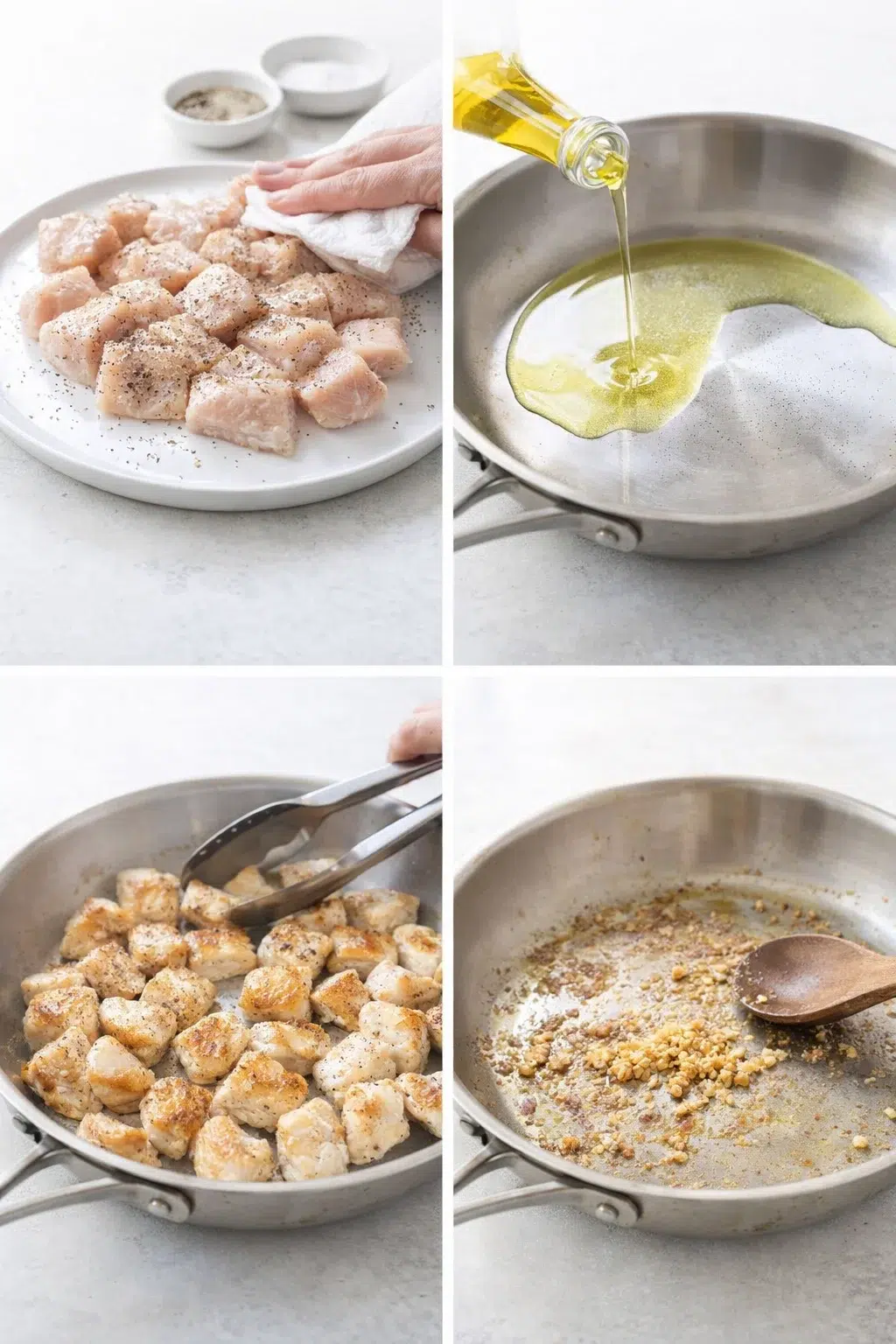 step-process-placeholder-5-8.png Seasoned chicken cubes sizzling in shimmering oil in a skillet, golden-browned edges visible.