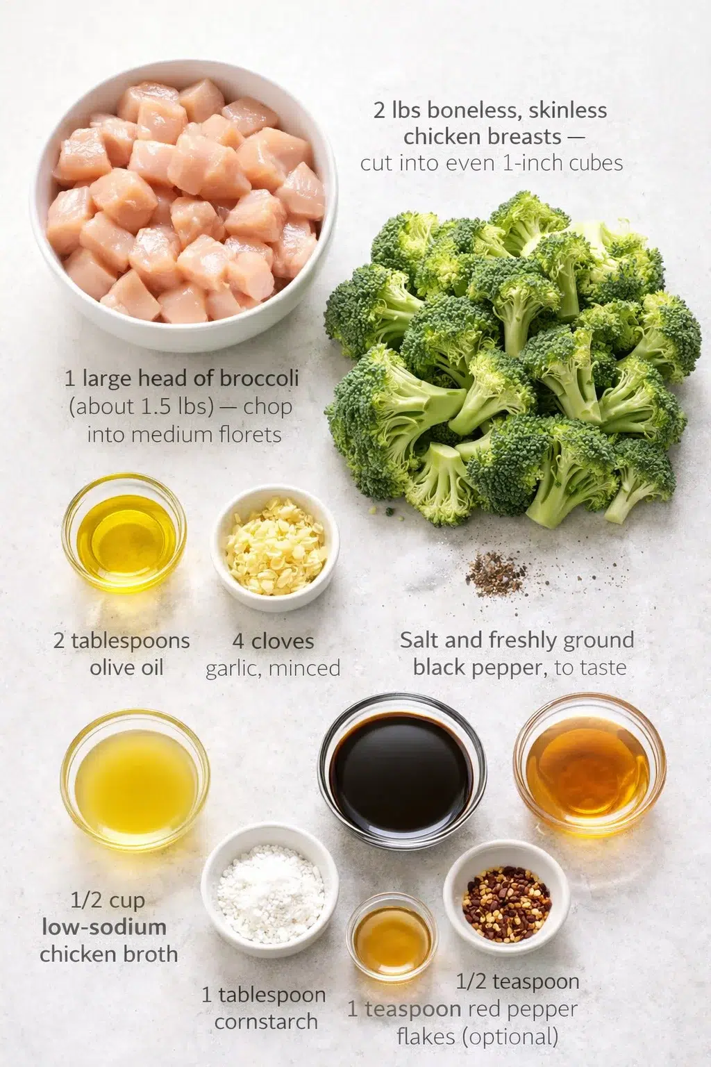 ingredients-placeholder.png Measured ingredients arranged for Skillet Chicken and Broccoli Recipe: 2 lbs boneless, skinless chicken breasts — cut into even 1-inch cubes, 1 large head of broccoli (about 1.5 lbs) — chop into medium florets, 2 tablesp