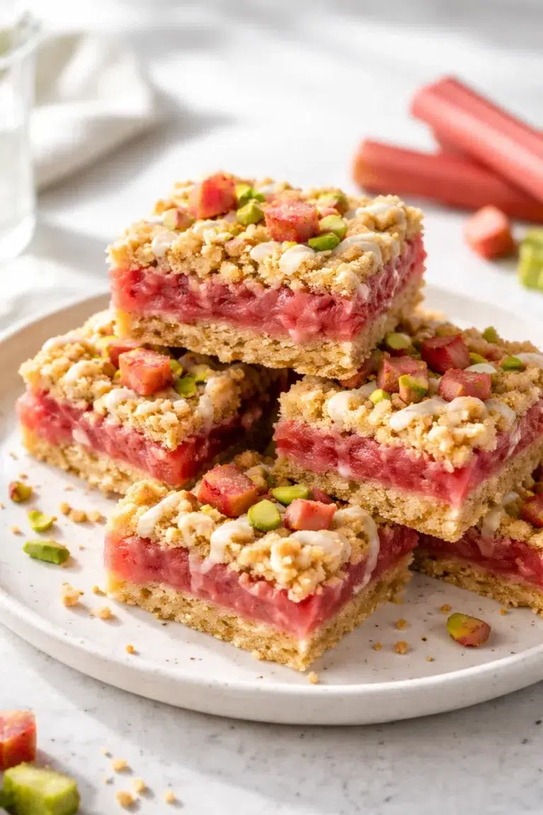 Final plated Rhubarb Oat Bars served as a hero shot