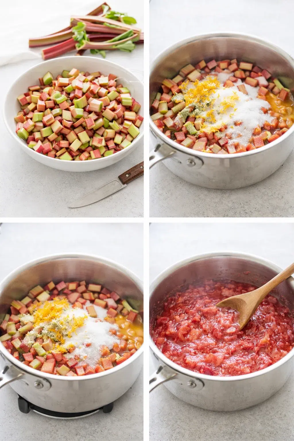 Chopped pink rhubarb and sugar with orange zest in wide saucepan, ready to be stirred.