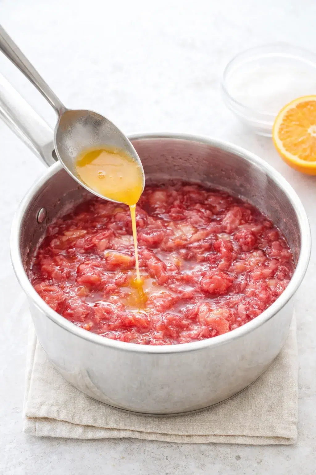 Gently simmering rhubarb compote in saucepan, softening and releasing juices, spoon stirring occasionally.