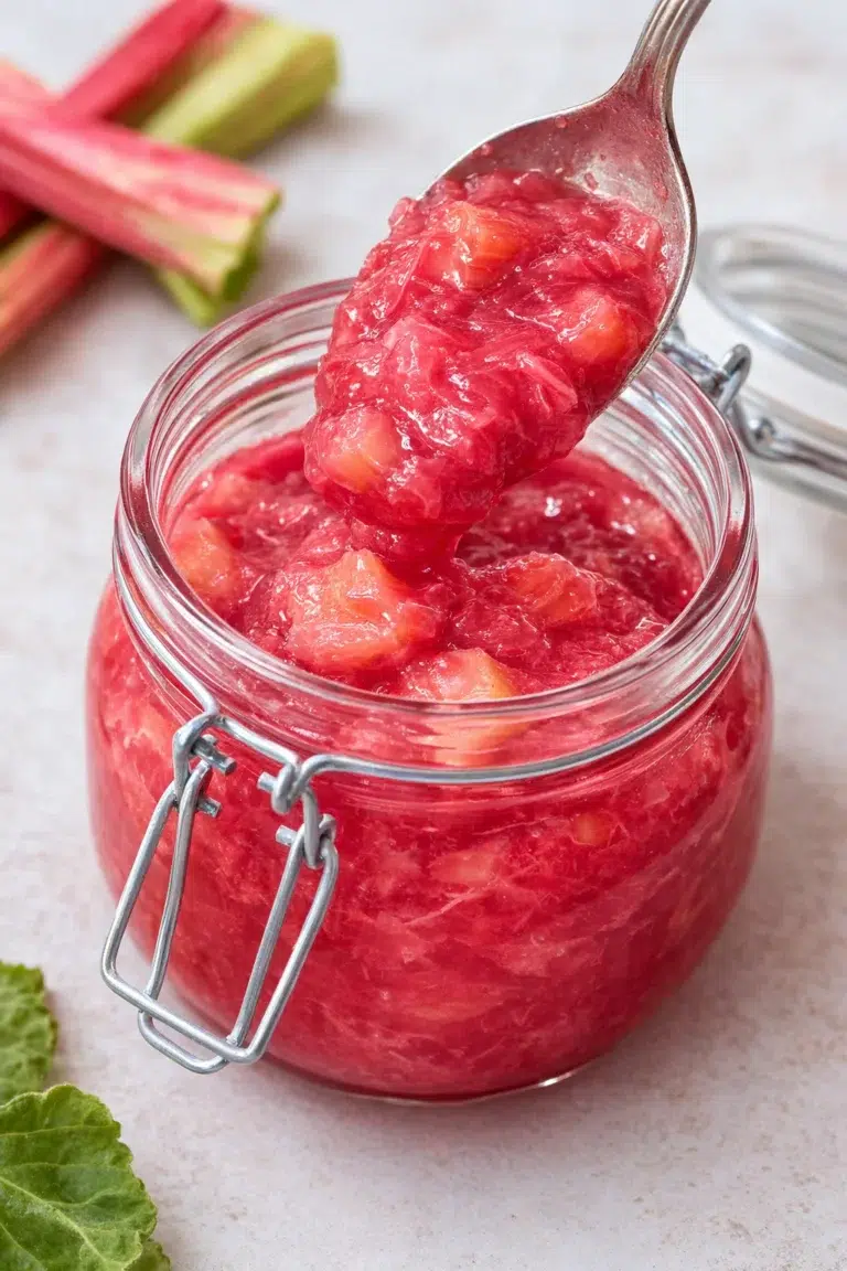 Spoonful of rhubarb compote being transferred into a clean glass jar to cool.
