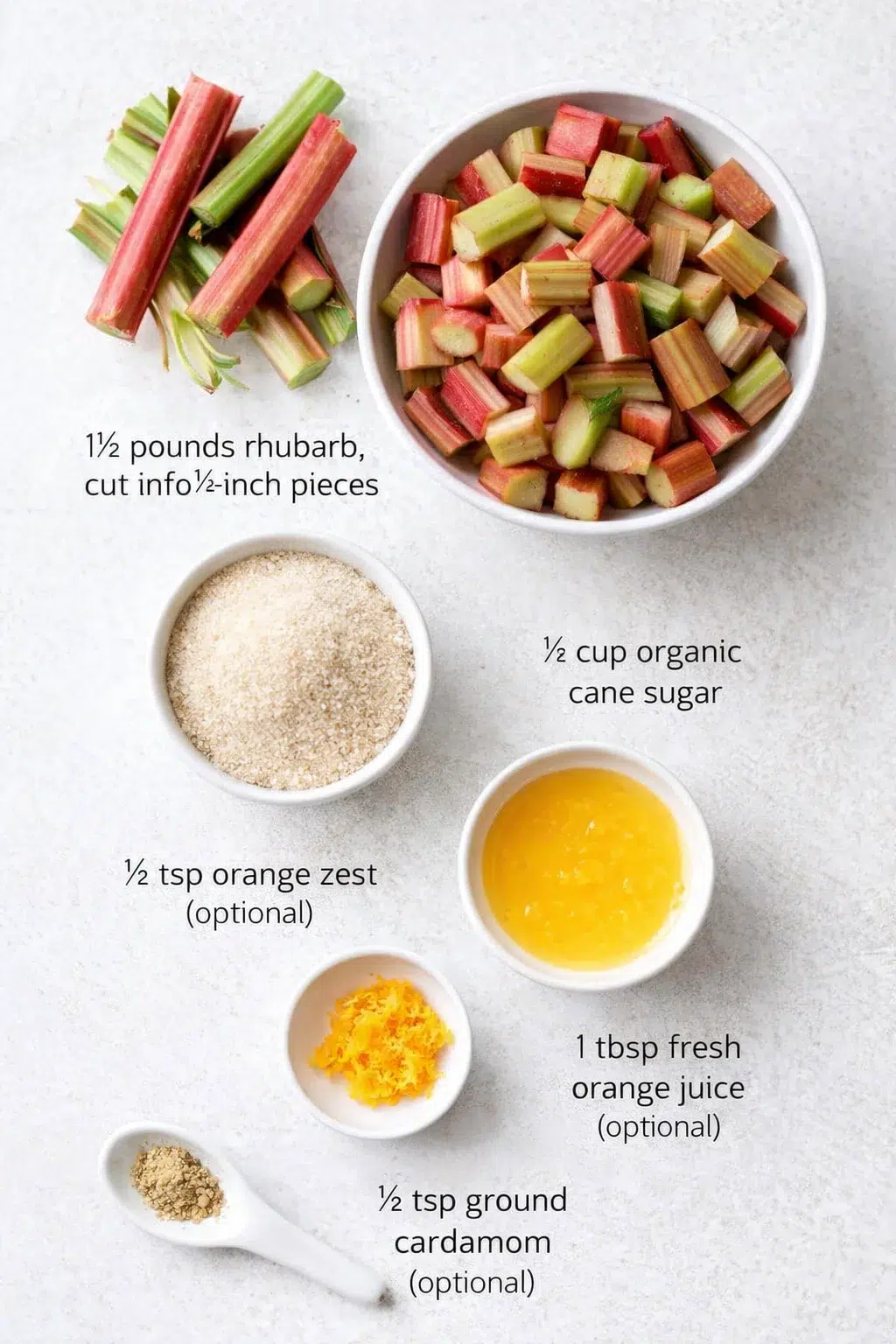 Measured ingredients arranged for Easy Rhubarb Compote Recipe: 1 ½ pounds fresh rhubarb, cut lengthwise and sliced in ½-inch pieces or frozen chopped rhubarb, approximately 3 to 3 ½ cups, ½ cup organic cane sugar, adjust