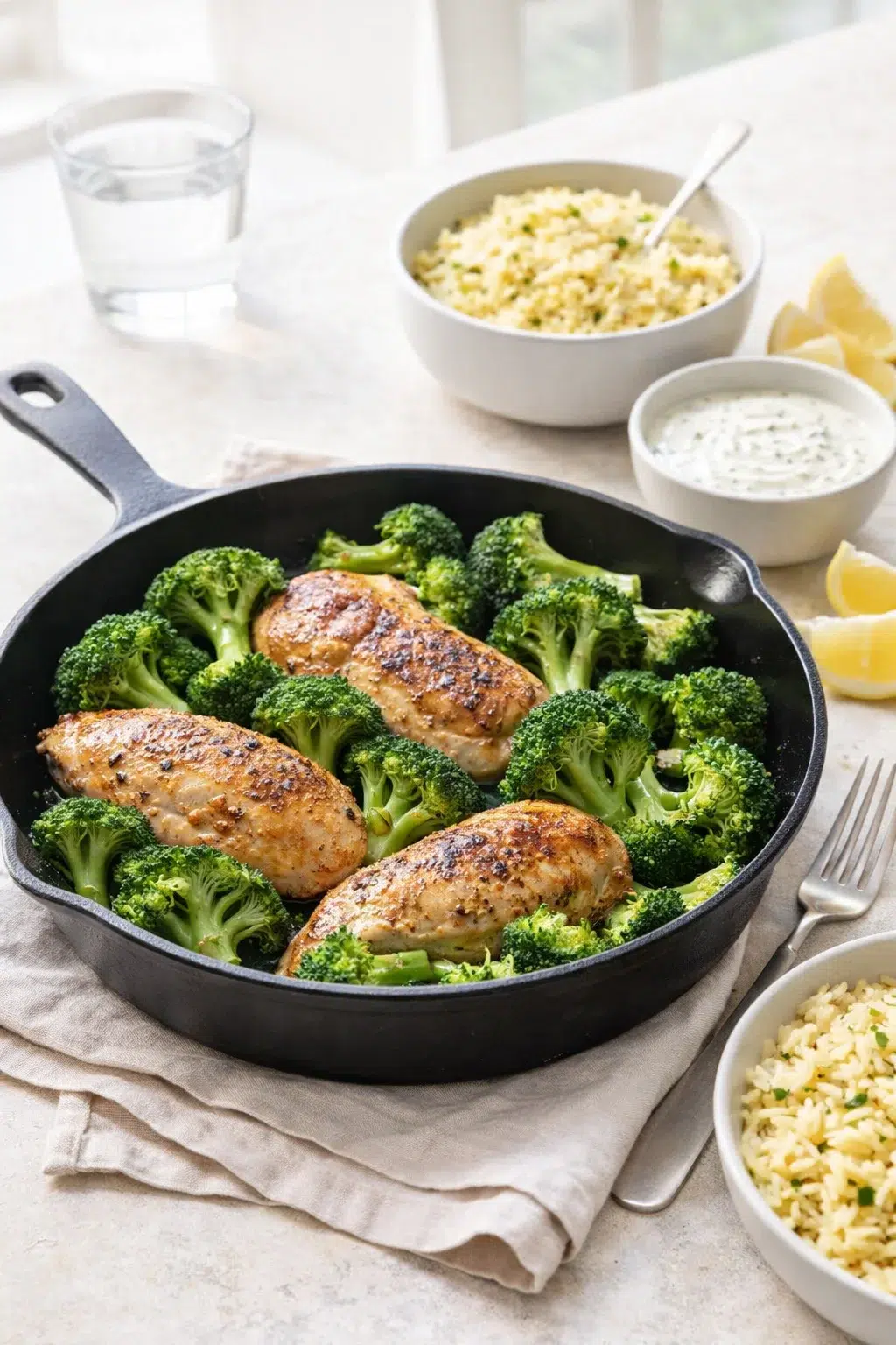 closing_final_dish-placeholder.png Alternative angle of Skillet Chicken and Broccoli Recipe served with a pairing