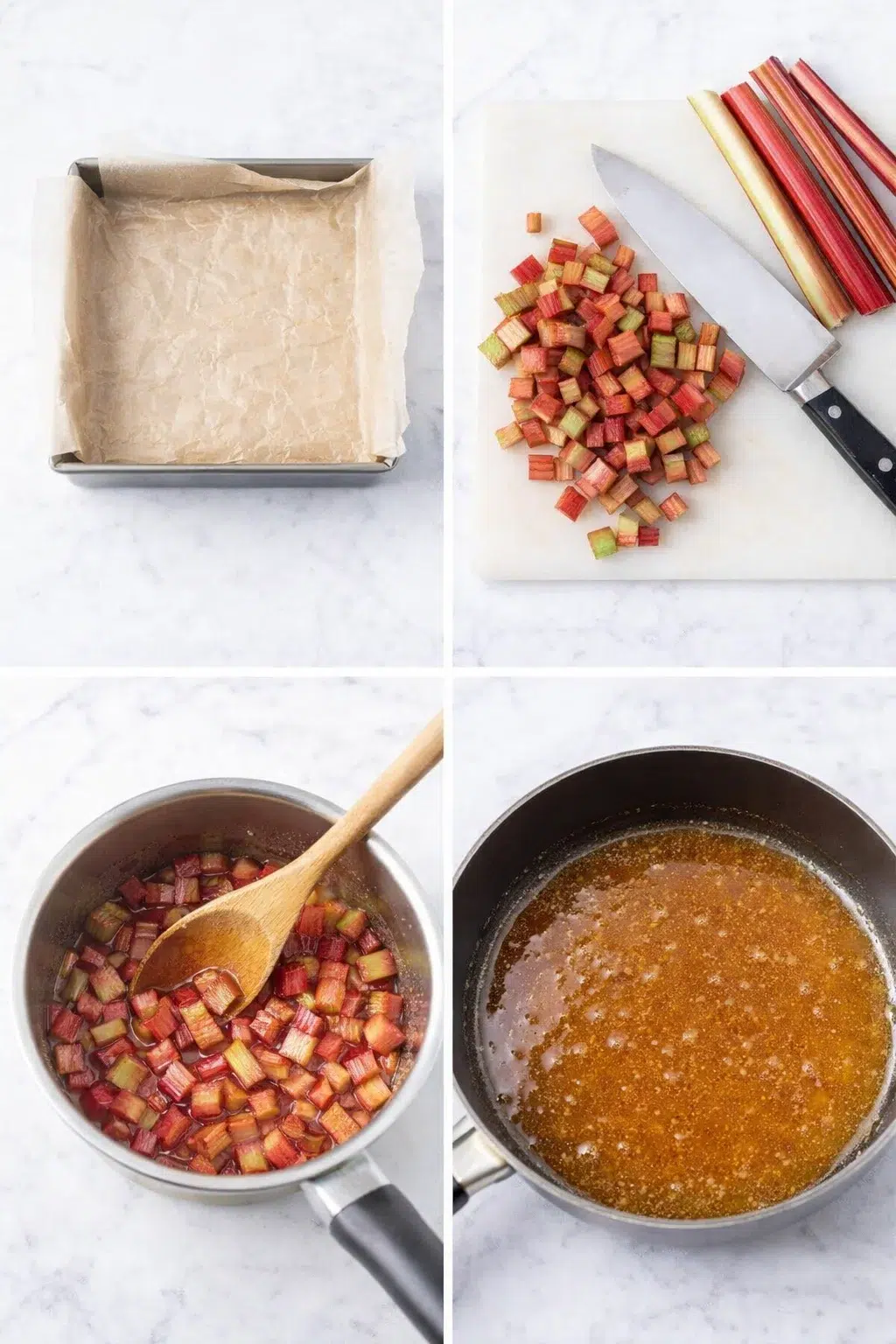 step-process-placeholder-1-4.png Baking pan lined with parchment, chopped rhubarb in saucepan, and melted butter-sugar-honey in pan.