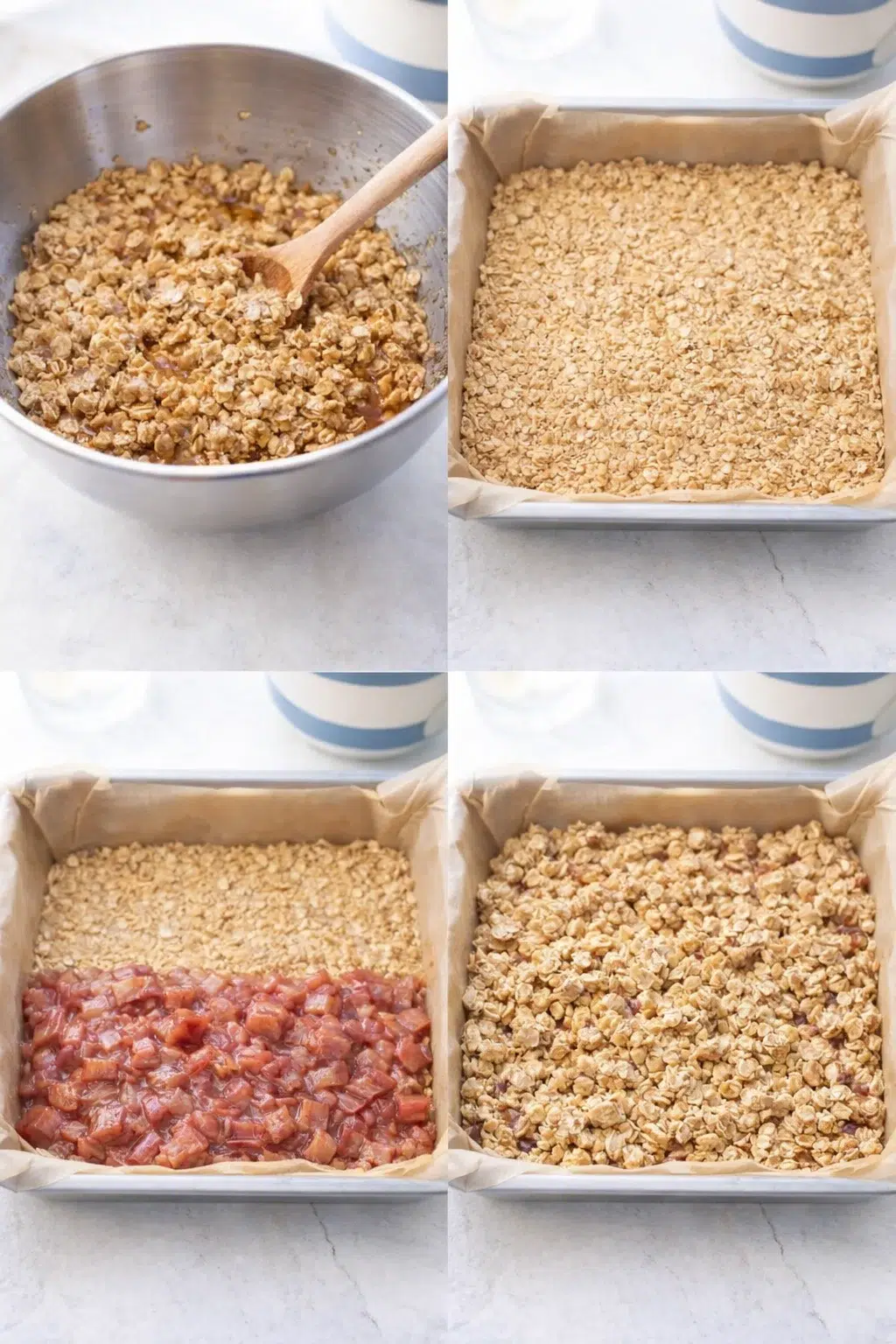 step-process-placeholder-5-8.png Thick oat and almond mixture being mixed, pressed into lined pan, rhubarb spread, topping sprinkled.